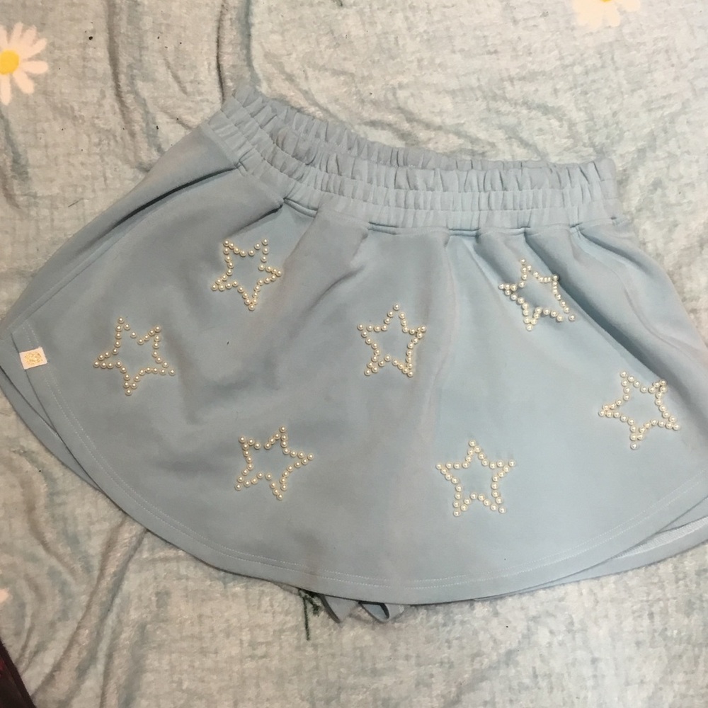 Simply Southern Light Blue Star Pearl Embellished Skater Skirt